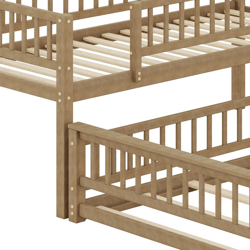 Lit superposé convertible en bois avec échelle et garde-corps, Noyer