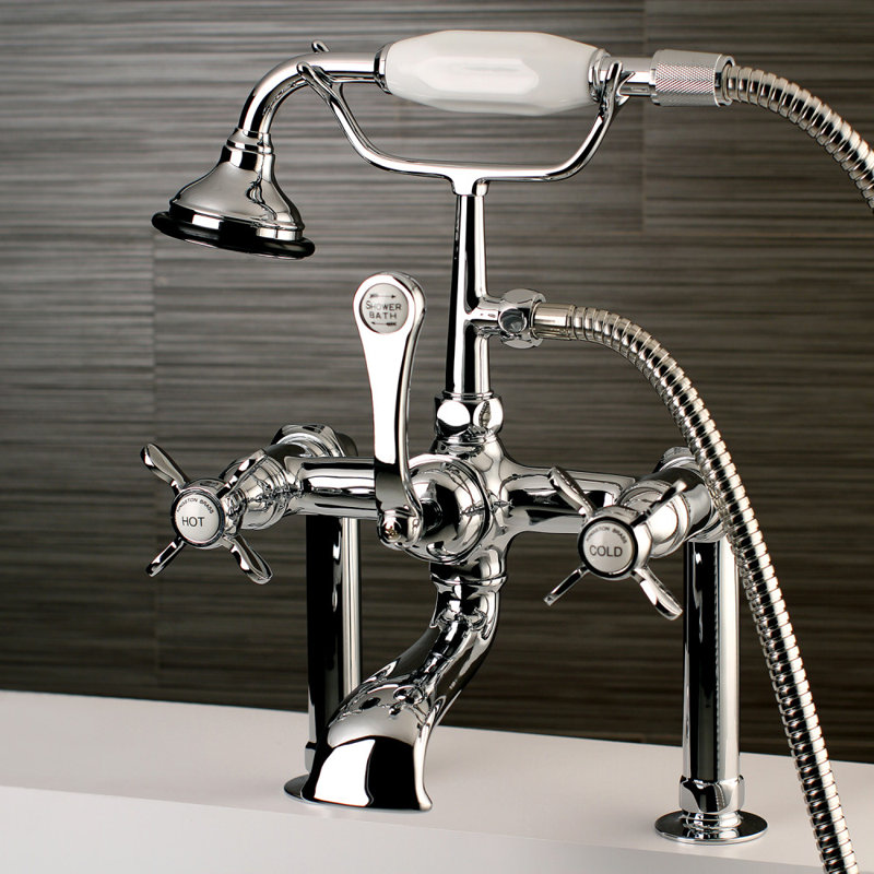 Kingston Brass Essex Three-Handle 2-Hole Deck Mount Clawfoot Tub Faucet with Hand Shower, Polished Chrome