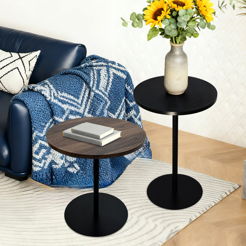 Ensemble de 2 petites tables d'appoint rondes à cercles concentriques en bois pour deux tables de chevet en métal à piédestal pour petits espaces (brun noyer et noir)