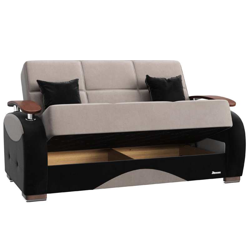 Convertible pour les petits espaces, revêtement en microfibre gris, fonction de rangement, configuration en 30 minutes, conversion du lit, sièges fermes de qualité, raccords galvanisés, mécanisme antirouille avec rangement, assemblage facile,