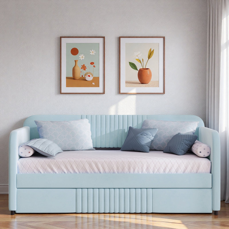 Upholstered Daybed With Trundle And Wood Slat, Light Blue