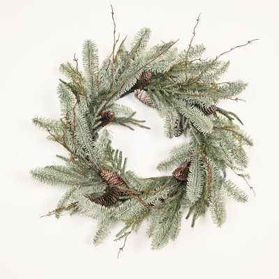 24" Artificial Real Touch Rustic Twig Frosted Pine Pinecone Winter Wreath For Front Door Christmas Day Fecor