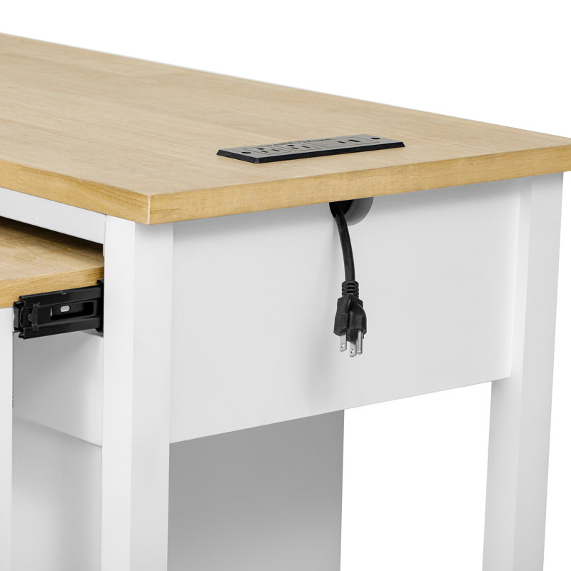 47.2" Kitchen Island With 13.8" Back Extendable Table, Rubber Wood Veneer, Internal Storage, Power Provision Supply, White