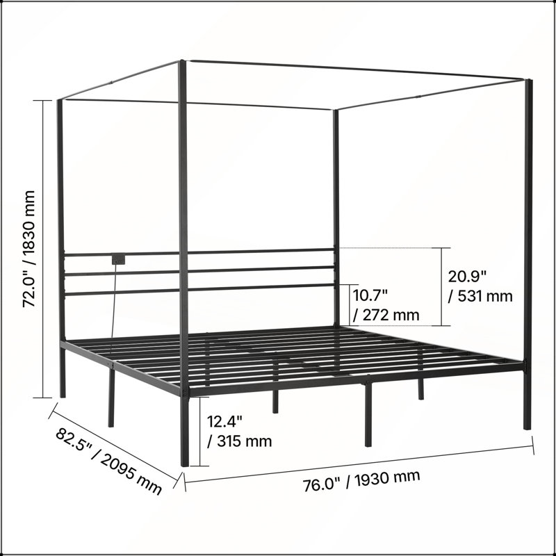 Structure de lit à baldaquin très grand avec station de charge, quatre affiches, lattes en acier robustes, rangement sous le lit, sans sommier, assemblage facile, noir