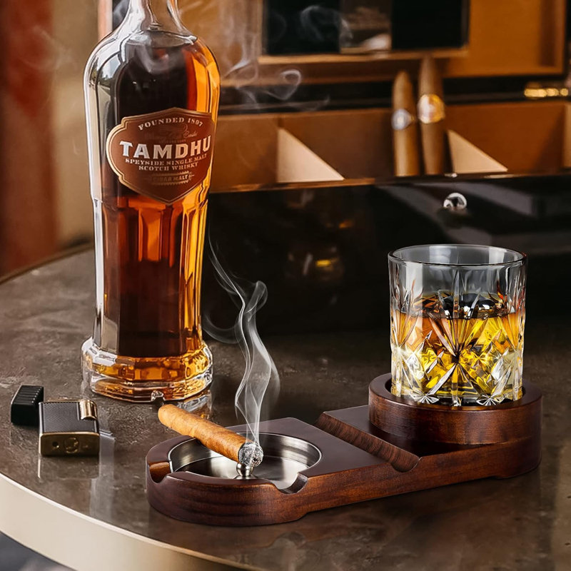 Cendrier cigare 2 en 1 en bois massif et aluminium avec plateau en verre à whisky - Cadeau de décoration de bar de luxe pour homme