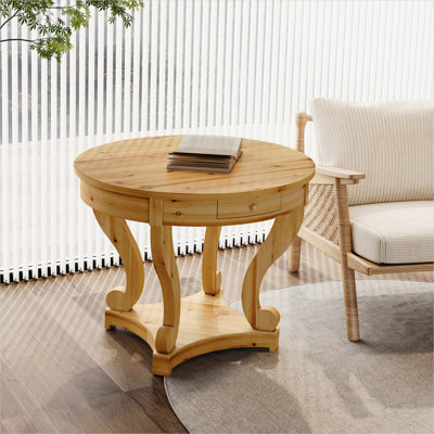 Table de salle à manger ronde en bois massif pour 4 personnes, table de bout ou de table de ferme de ton naturel avec pieds courbés, petite table de 31,5 pouces