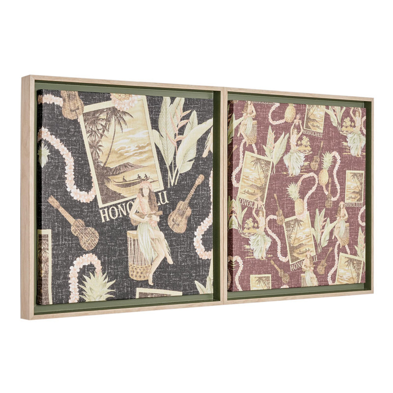 Kona Coast by Reyn Spooner Framed Waikiki Nostalgia Floated Printed Linen Wall Art Set of 2