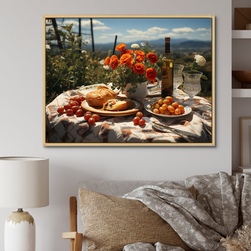 «Joyful Gathering Picnics for Two», reproduction sur toile, Cadre naturel flottant, H 34 po x l 44 po x P 1,5 po