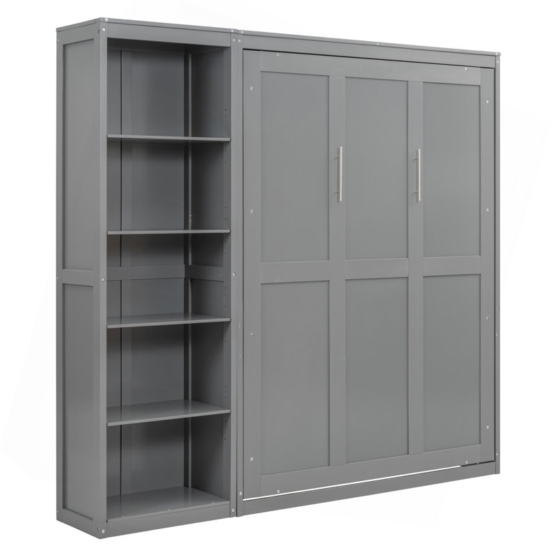 Lit escamotable double pleine grandeur avec tablettes, Gris