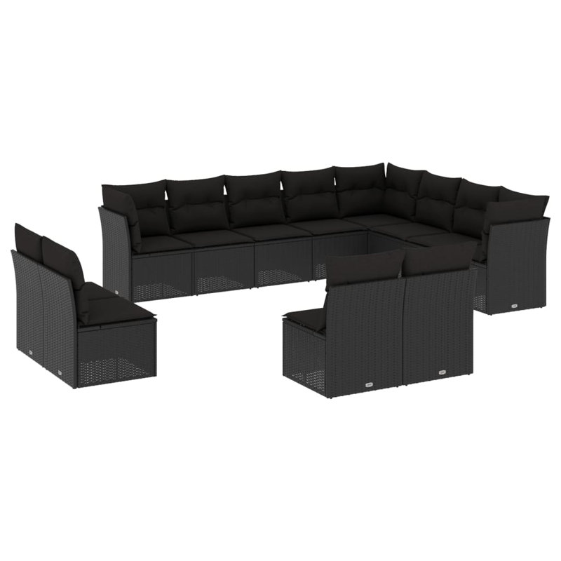  Ensemble de canapé de jardin en rotin PE noir, acier thermolaqué, 100% polyester, Noir, Noir