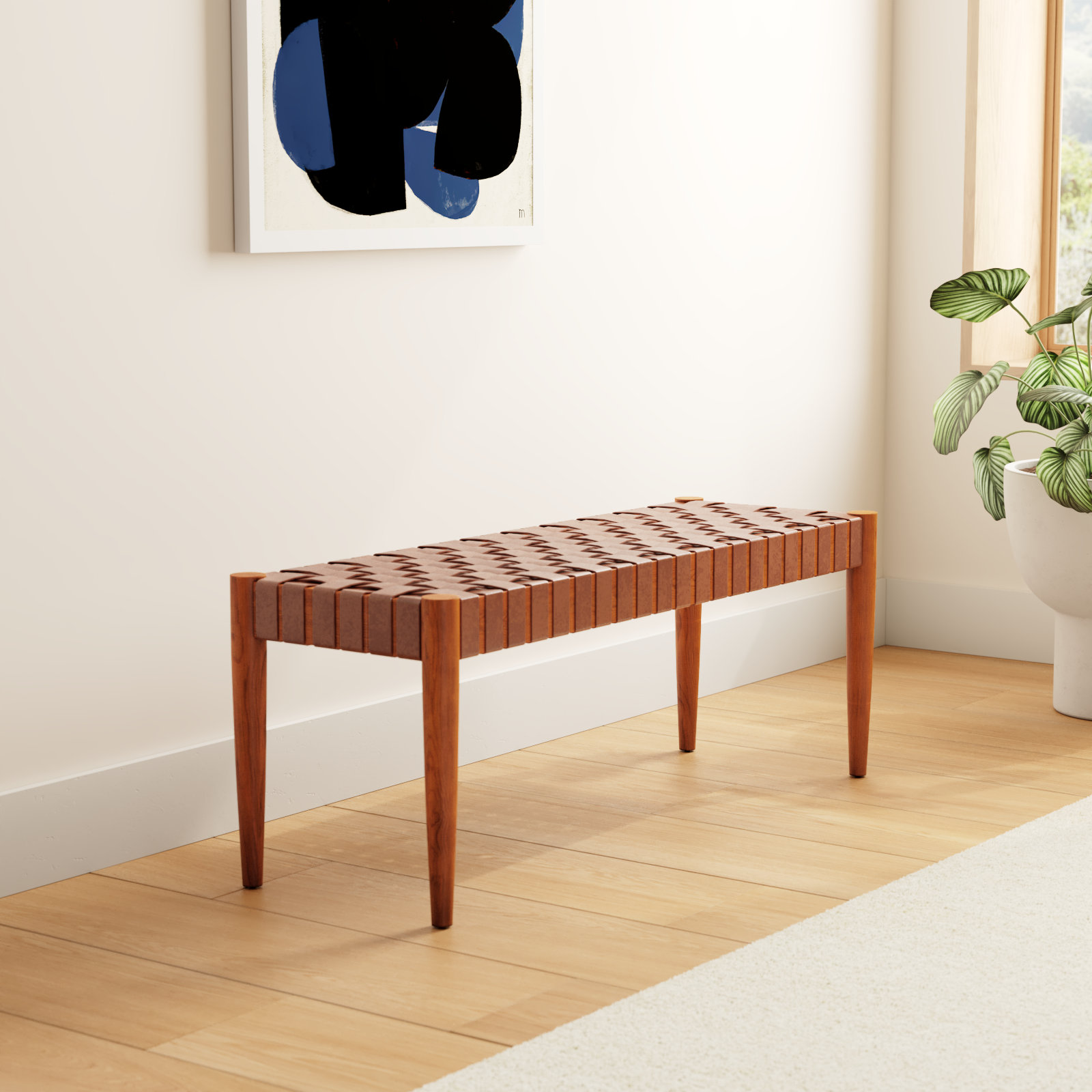 Orin 47" Woven Leather Dining Bench, Cognac