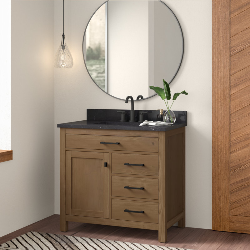 Ensemble de meuble-lavabo simple 36 po Ajiya, Naturel texturé / noir mat, Calcaire bleu