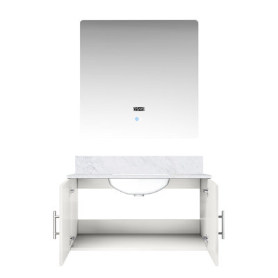 36 po Miroir à DEL et meuble-lavabo blanc brillant avec surface en marbre - compartiment spacieux, fermeture en douceur, plateau de rangement inclus