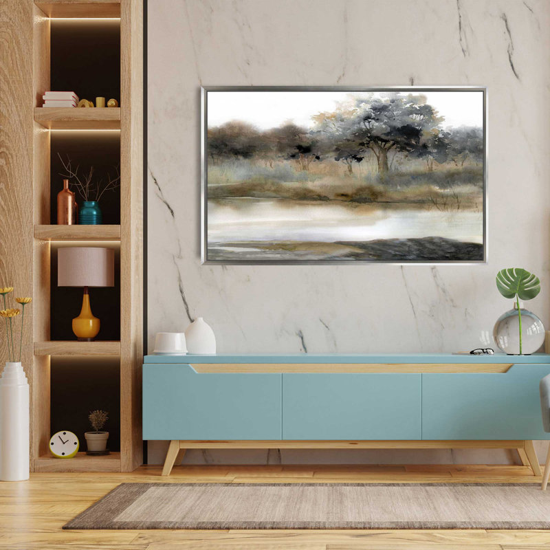 «Silent Waters II» par Carol Robinson, peinture, L 63,5 po x H 39,5 po, Encadrement argenté