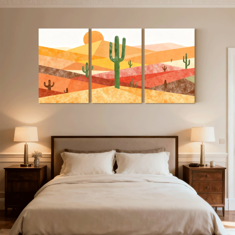 Cactus, paysage désertique avec cactus et coucher de soleil, ensemble de 3 impressions sur toile, H 30 po x l 60 po