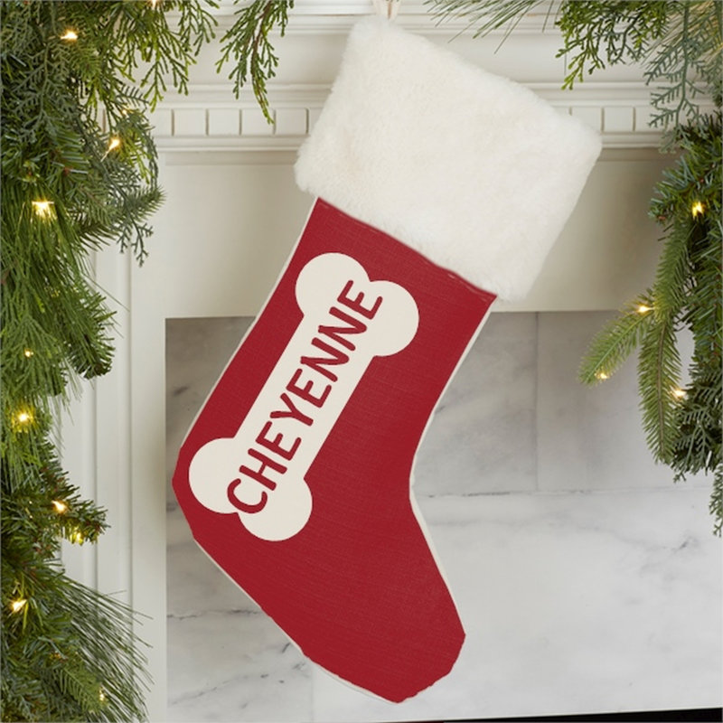 Dog Bone Personalized Fur Christmas Stocking, Ivory