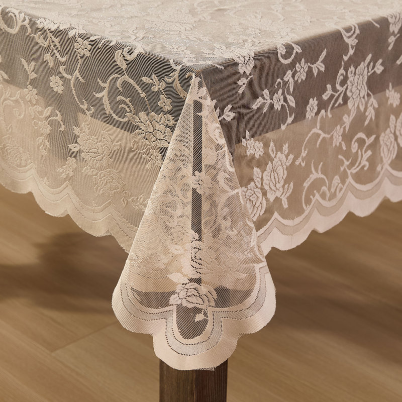 Winston Porter Marlow Floral Lace Fabric Tablecloth, Lace Fabric Table Cloth for Round Tables, Wrinkle Resistant Tablecloth, Patterned Scalloped Tablecloth (Round, Linen Taupe)