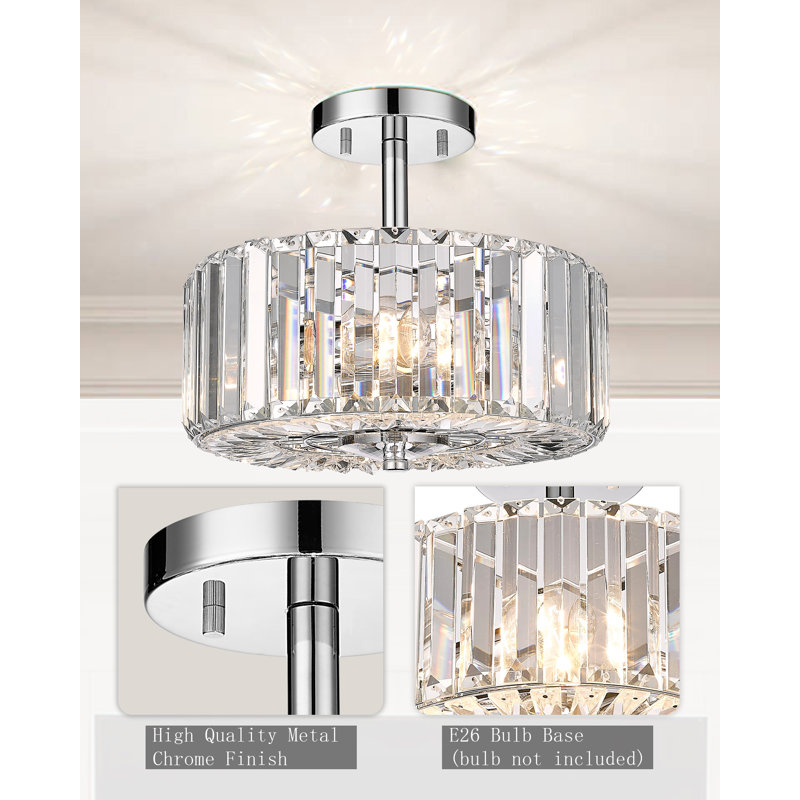12" Chrome 2-Light Semi-Flush Mount Ceiling Light with K9 Crystal Shade, Modern Luxury Indoor Fixture