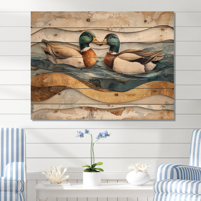 «Ducks Love The Lake Landscape I» - Décoration murale animal en bois de canard - sur bois de pin naturel