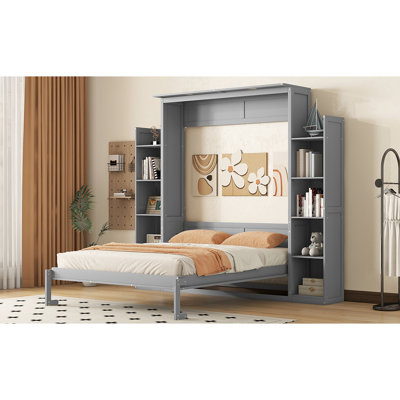 Grand lit mural gris avec tablettes et lumières à DEL, escamotable pour petit appartement, courbes de corps à lattes flexibles, chambre d'amis pliable de 8 pouces permettant d'économiser de l'espace, capacité de soutien,