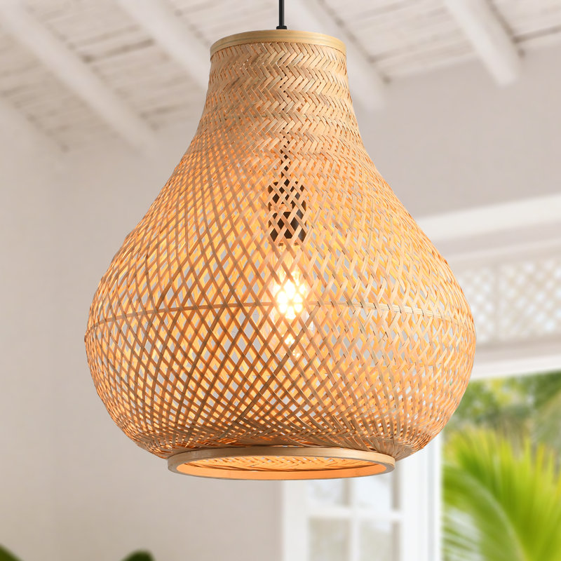 Bamboo Pendant Light, Natural Bamboo Shade, Iron Frame, Adjustable Height, E27 Socket, 38 Cm Diameter, For Small Spaces Hallway Kitchen (Bulb Not Included)