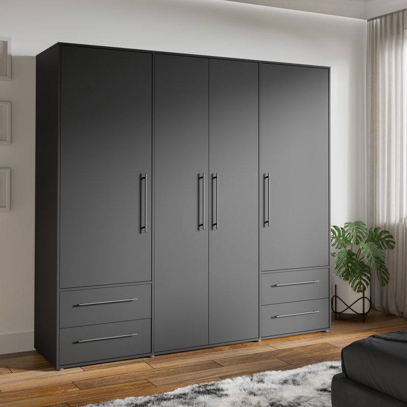 Minija 4 Door Manufactured Wood Wardrobe, Matte Black