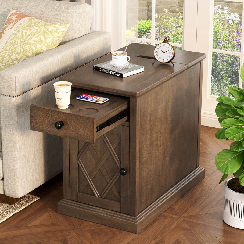 Table de bout de salon moderne avec ports de chargement USB intégrés et rangement spacieux, Brun antique