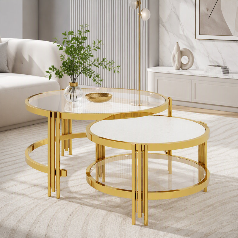 Ensemble de 2 tables basses gigognes en verre doré