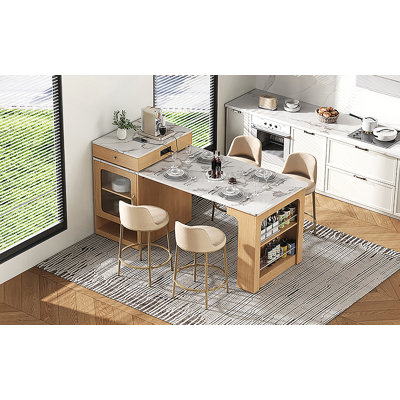 59.5"Kitchen Island With Extendable Dining Table, Kitchen Storage Table With Double-Sided Storage, Kitchen Island With 2 Drawers, Power Outlet, Side Open Shelves, For Kitchen, Dining Room, Natural