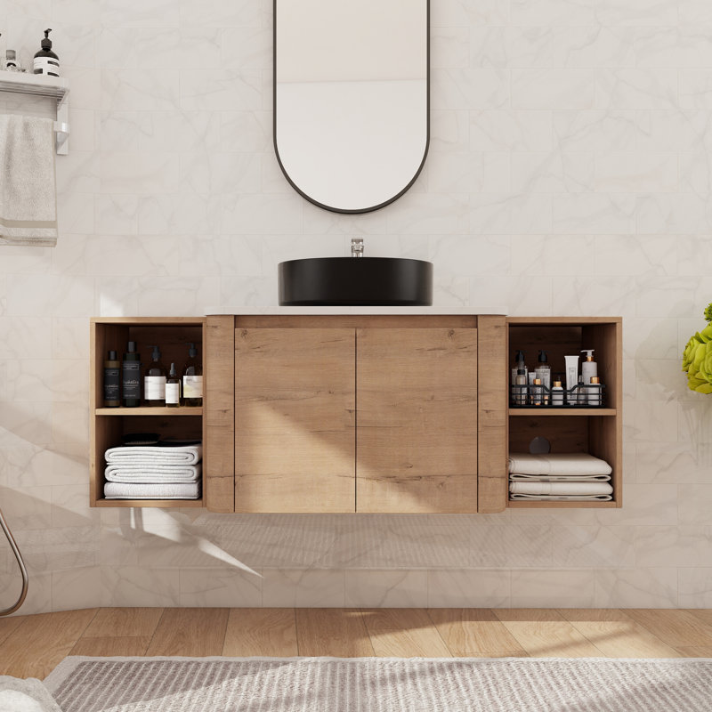Meuble-lavabo flottant simple 54 po avec lavabo en céramique, meuble-lavabo mural avec porte à fermeture en douceur et tablette