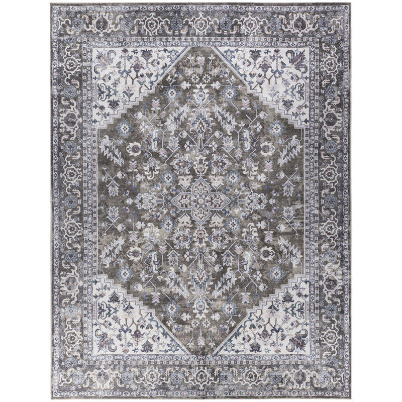 Tapis oriental ivoire / olive en coton / polyester lavable à la machine, Rectangle de 10 pi x 14 pi