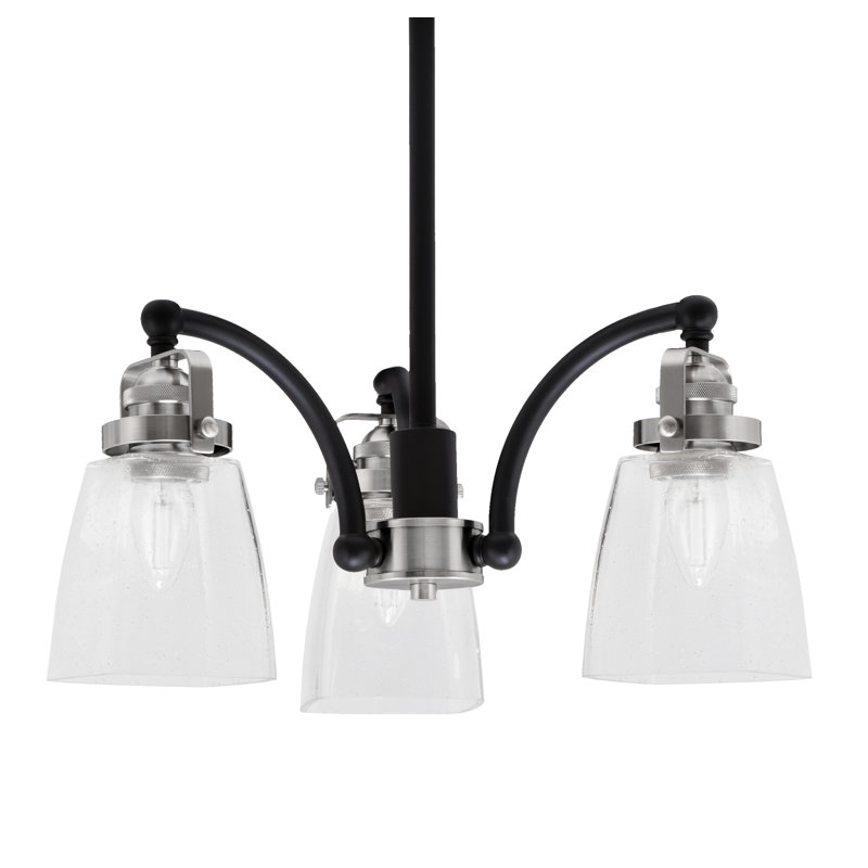 Easton 3 Light Downlight Chandelier With 4.5" Square Clear Bubble Glass, Matte Black/Brushed Nickel
