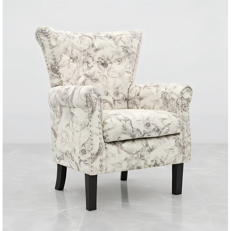 Velvet Accent Chair Upholstered Tufted Wingback With Nailhead Around For Room, Gray Floral Velvet