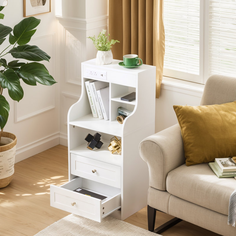 Tall Nightstand With Charging Station And LED Lighting, 2 Drawers, White