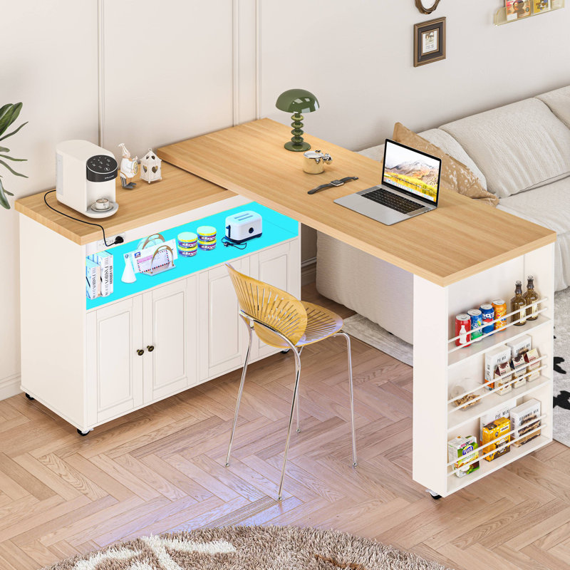 Îlot de cuisine roulant avec table pivotante, chariot de cuisine de 84 po avec lumières à DEL, prise de courant, armoire de rangement mobile avec plateau latéral sur roulettes, pour la cuisine, le salon, le bar personnel