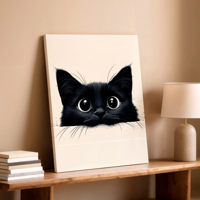 Reproduction d'art mural noir sur toile, impression de chat noir, mignon gros yeux chaton regardant un minimaliste, œuvre d'art pour salon