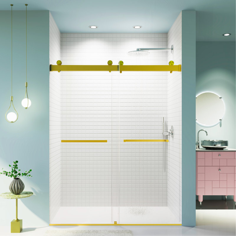 56 po x l 56 po x H 76 po sans cadre porte de douche coulissante à fermeture en douceur, Or brossé