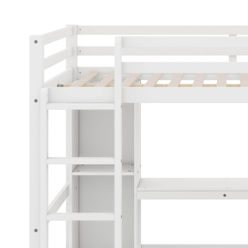 Full Size Loft Bed With Multifunction Shelves And Under-Bed Desk, White