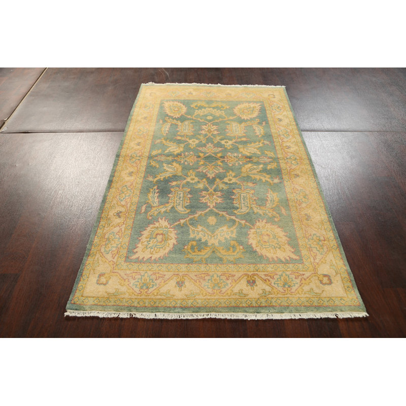 Tapis beige / bleu en laine noué à la main de conception unique 4 pi 1 po x 6 pi 9 po