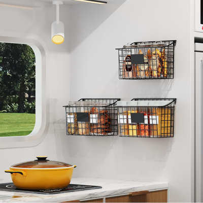 Wall Mounted Wire Basket with 5 Hooks, 3 Label Holders Storage Rack for Pantry Kitchen, Black