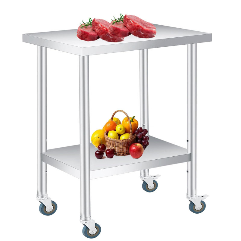 Table de travail en acier inoxydable avec double tablette, tablette réglable, table utilitaire robuste pour les cuisines commerciales, les restaurants et les hôtels