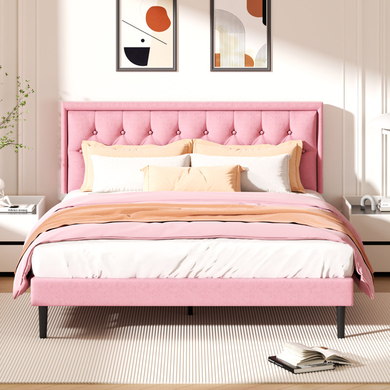 Mauriciu Platform Bed Frame with Button Tufted Headboard and Wooden Slats Support, King, Pink