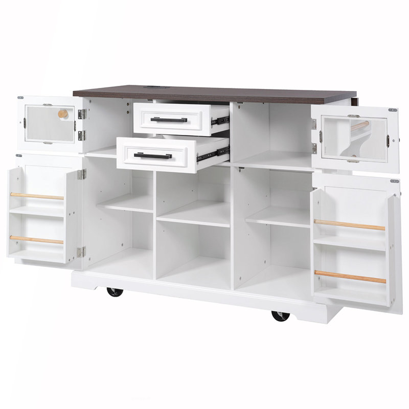 54.9 Inch Kitchen Island with Drop Leaf, Power Outlet, and Ample Storage for Modern Farmhouse Kitchens, White