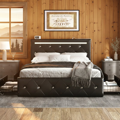 Full Size Bed Frame With Led , Adjustable Headboard, 4 Storage Drawers, And Charging Station - A Stylish Functional Bedroom Furniture For Modern Comfortable Bedrooms