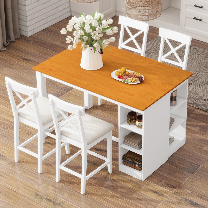 Ensemble de table de salle à manger à hauteur de comptoir en bois massif 60 po x l 30 po avec tablettes de rangement à 3 niveaux et chaises rembourrées pour 4, 5 pièces