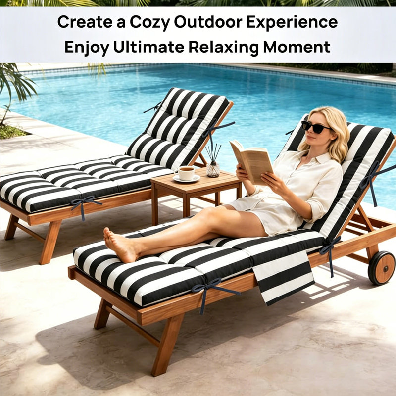 Outdoor Chaise Lounge Cushions Set of 2, with Side Pocket, Tufted Patio Furniture Replacement Cushion, 2, Black White Stripes