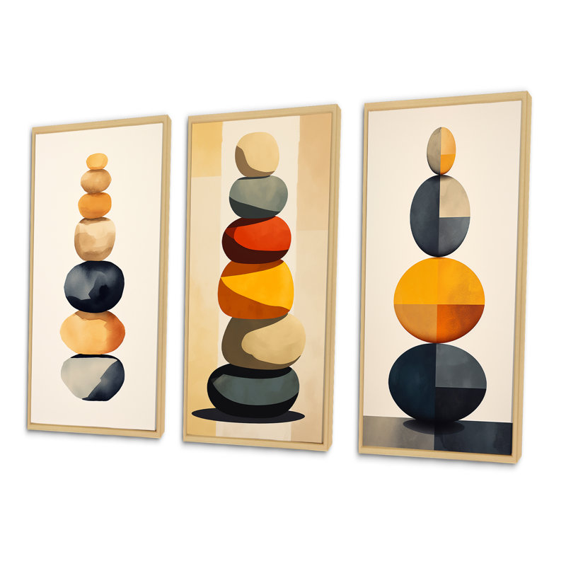 Ensemble de 3 pièces Spiritual Stone Art - équilibrage visuel des roches, H 40 po x l 60 po, Cadre naturel flottant