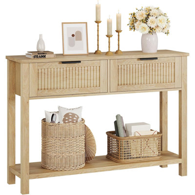 43 Inch Entryway Table, 2 Tier Wood Console Table with 2 Drawers & Storage Shelf