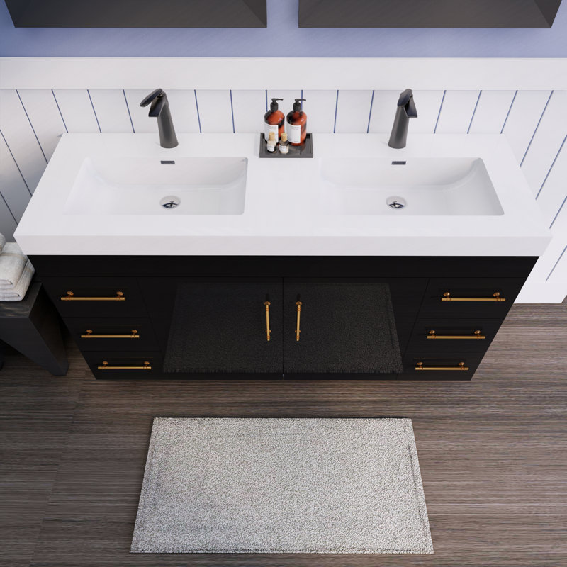 60'' Double Bathroom Vanity with Acrylic Top, Gloss Black