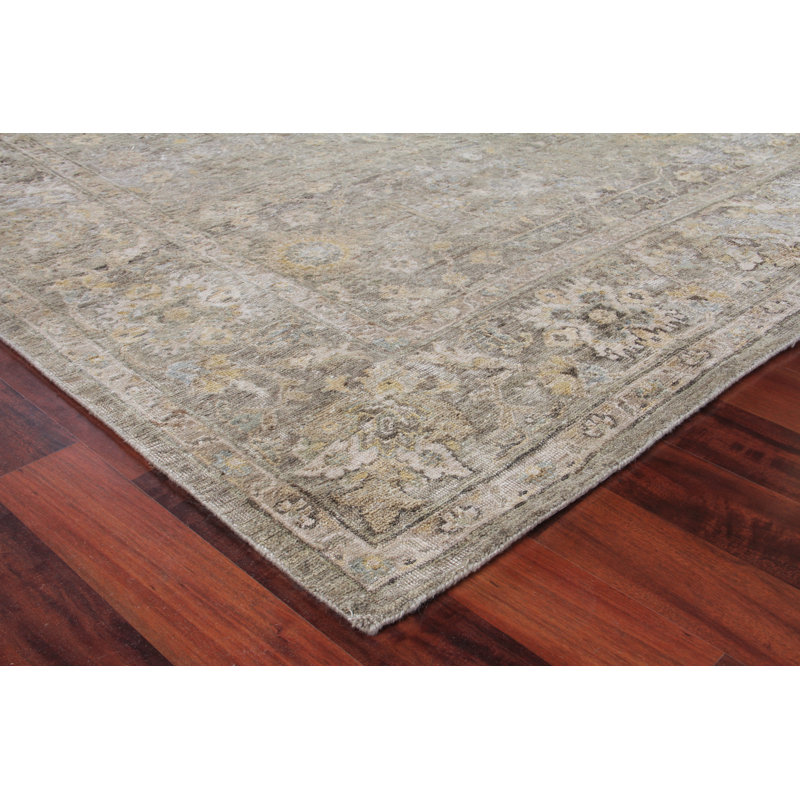 Heirloom Oriental Hand-Knotted Wool Khaki Area Rug, Rectangle 14' x 18'